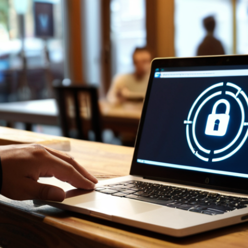 Home 4 **
A person working at a cafe on their laptop, with a padlock icon overlaid on the Wi-Fi symbol in the corner of the screen. In the background, a blurry figure representing a hacker is reaching out, symbolizing the threats of public Wi-Fi. The overall tone is a bit cautionary but also highlights the practicality of using a VPN for secure internet access while mobile.
**